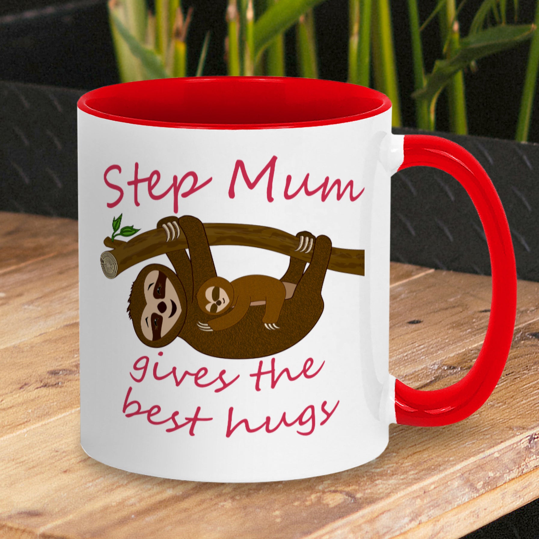 Personalised Tea / Coffee cup gift. Cute cuddly three toed sloths on a branch. Mum and baby. Two tone white with red ceramic coffee mug. Customisable name reads Step Mum gives the best hugs in red font.