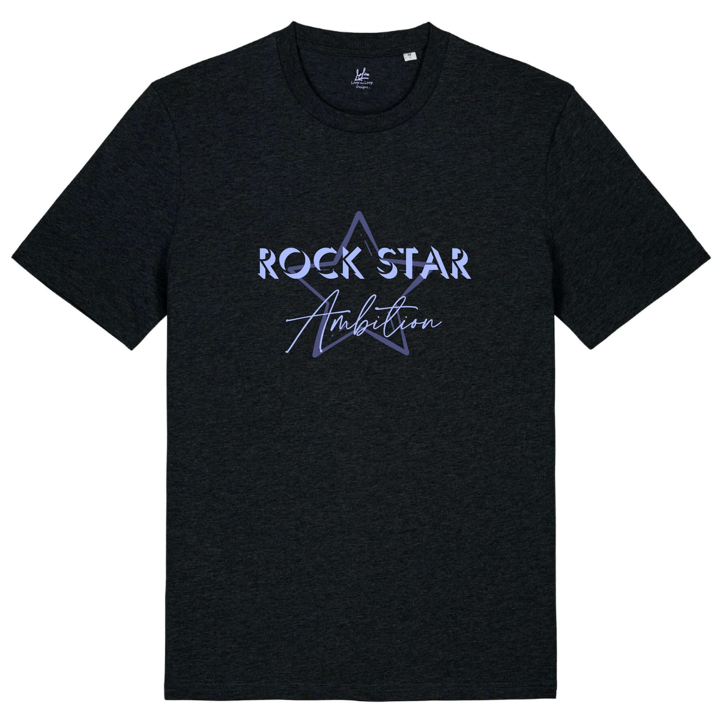 Organic Cotton t shirt. mens black short sleeve graphic tshirt. Crew neck casual wear. Band Tee Design is mid purple star outline behind wording ROCK STAR in upper case shadowed  light grey/purple text, then Ambition below in script. Rock music themed unisex top