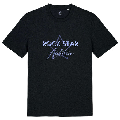 Organic Cotton t shirt. mens black short sleeve graphic tshirt. Crew neck casual wear. Band Tee Design is mid purple star outline behind wording ROCK STAR in upper case shadowed  light grey/purple text, then Ambition below in script. Rock music themed unisex top