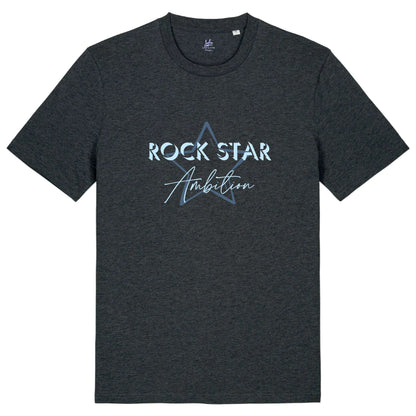 Organic Cotton Men's dark heather grey short sleeve graphic tshirt. Crew neck casual wear. Band Tee Design is teal blue star outline behind wording "ROCK STAR" in upper case shadowed  light blue, then "Ambition" below in script. Rock music theme casual unisex top