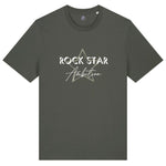 Organic cotton t shirt. Men's khaki grey / green short sleeve graphic tshirt. Crew neck casual wear. Band Tee Design is light khaki star outline behind wording "ROCK STAR" in upper case shadowed  white text, then "Ambition" below in white script text. Casual unisex top