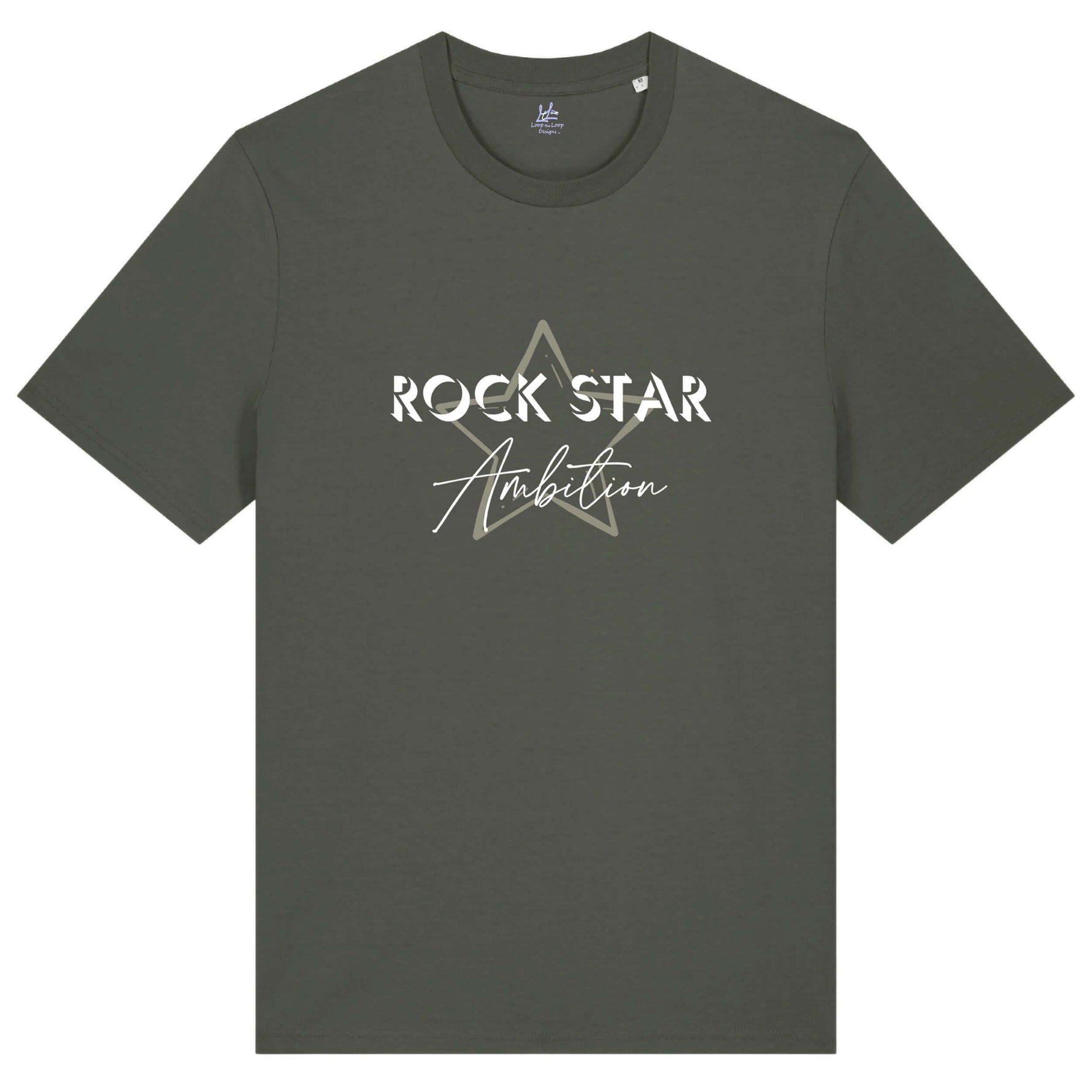 Organic cotton t shirt. Men's khaki grey / green short sleeve graphic tshirt. Crew neck casual wear. Band Tee Design is light khaki star outline behind wording "ROCK STAR" in upper case shadowed  white text, then "Ambition" below in white script text. Casual unisex top