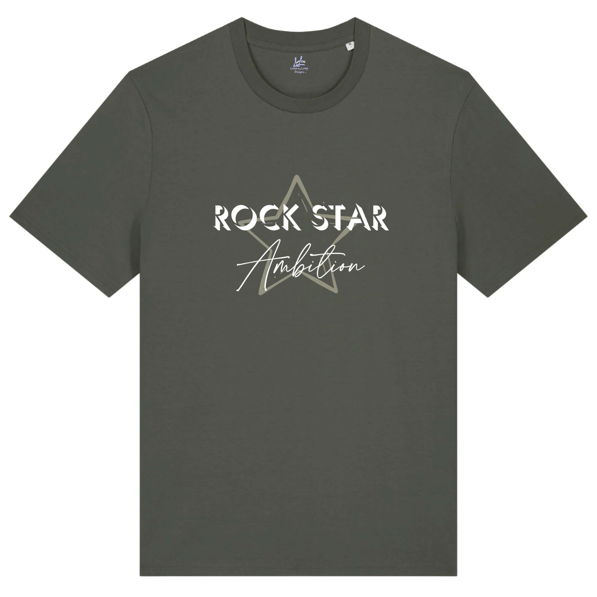 Organic cotton t shirt. Men's khaki grey / green short sleeve graphic tshirt. Crew neck casual wear. Band Tee Design is light khaki star outline behind wording "ROCK STAR" in upper case shadowed  white text, then "Ambition" below in white script text. Casual unisex top