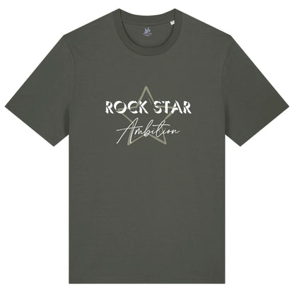 Organic cotton t shirt. Men's khaki grey / green short sleeve graphic tshirt. Crew neck casual wear. Band Tee Design is light khaki star outline behind wording "ROCK STAR" in upper case shadowed  white text, then "Ambition" below in white script text. Casual unisex top