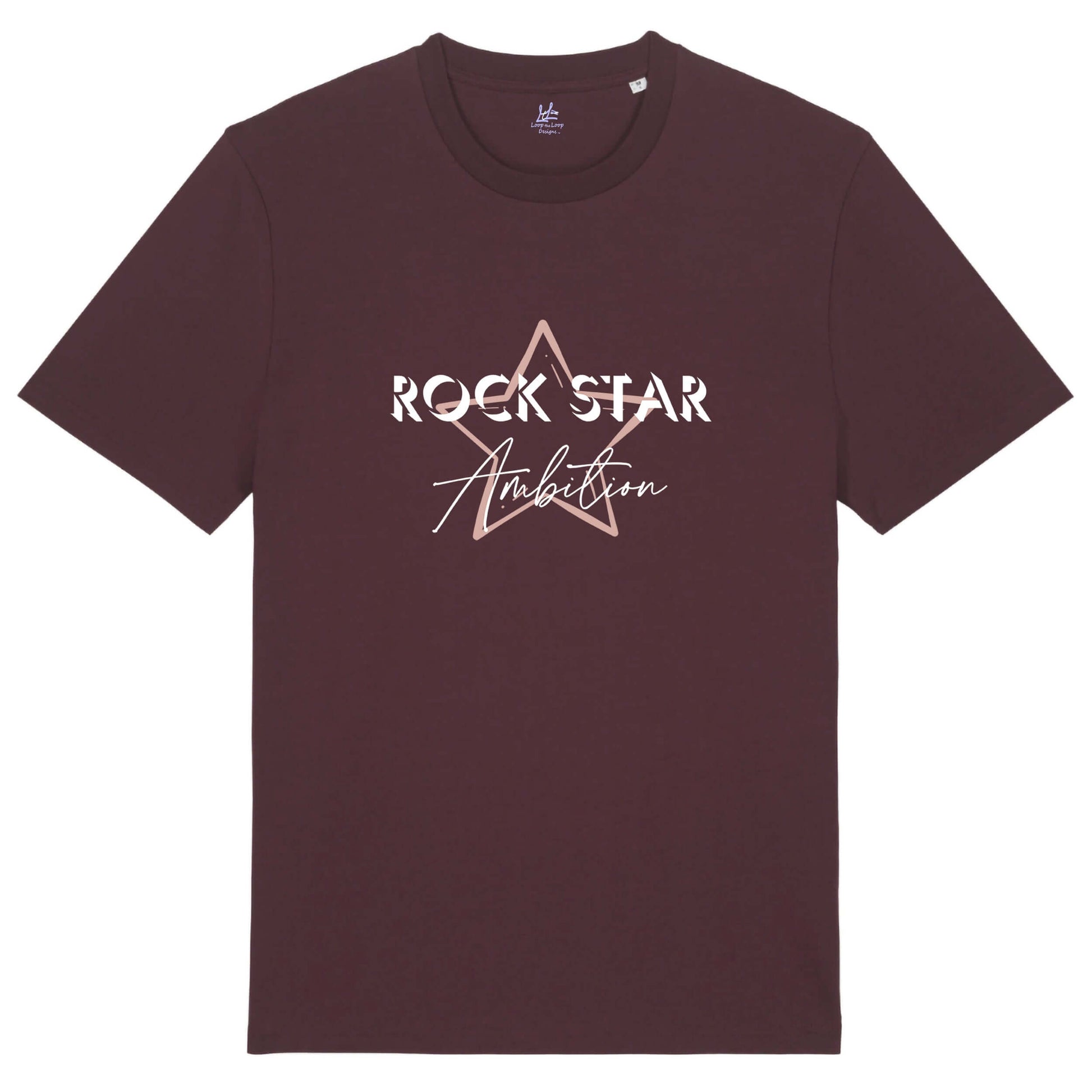 Organic Cotton relaxed fit t shirt. Men's dark red -brown short sleeve graphic tshirt. Crew neck casual wear. Band Tee Design is pale peach star outline behind wording ROCK STAR in upper case shadowed  white text, then Ambition below in script. Rock music themed unisex casual wear top