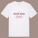 Organic cotton relaxed fit t shirt. Men's white short sleeve graphic tshirt. Crew neck casual wear. Band Tee Design is pale peach star outline behind wording ROCK STAR in upper case shadowed  dark red text, then Ambition below in dark red script font. Music themed unisex essentials top