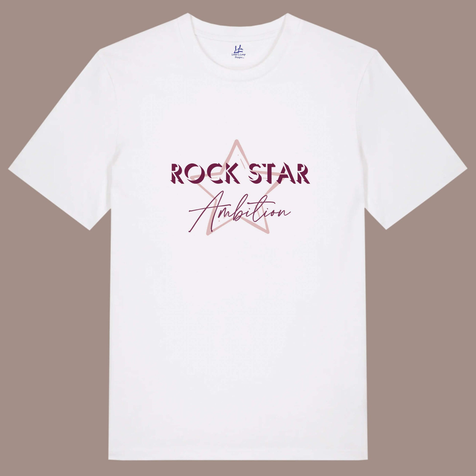 Organic cotton relaxed fit t shirt. Men's white short sleeve graphic tshirt. Crew neck casual wear. Band Tee Design is pale peach star outline behind wording ROCK STAR in upper case shadowed  dark red text, then Ambition below in dark red script font. Music themed unisex essentials top