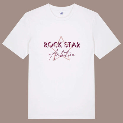 Organic cotton relaxed fit t shirt. Men's white short sleeve graphic tshirt. Crew neck casual wear. Band Tee Design is pale peach star outline behind wording ROCK STAR in upper case shadowed  dark red text, then Ambition below in dark red script font. Music themed unisex essentials top