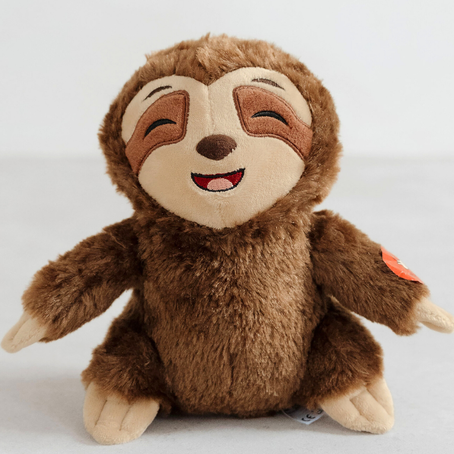 Cute Sloth Plush Toy - Sloth Plushie for Babies and Kids. Soft brown plush fur with contrast facial features. 3 toed sloth design. Adorable smiling face. Cuddly small plush toy.