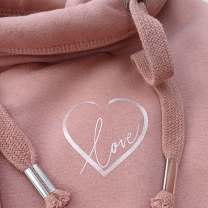 Ladies Cowl Neck Hoodie - Metallic Love Heart