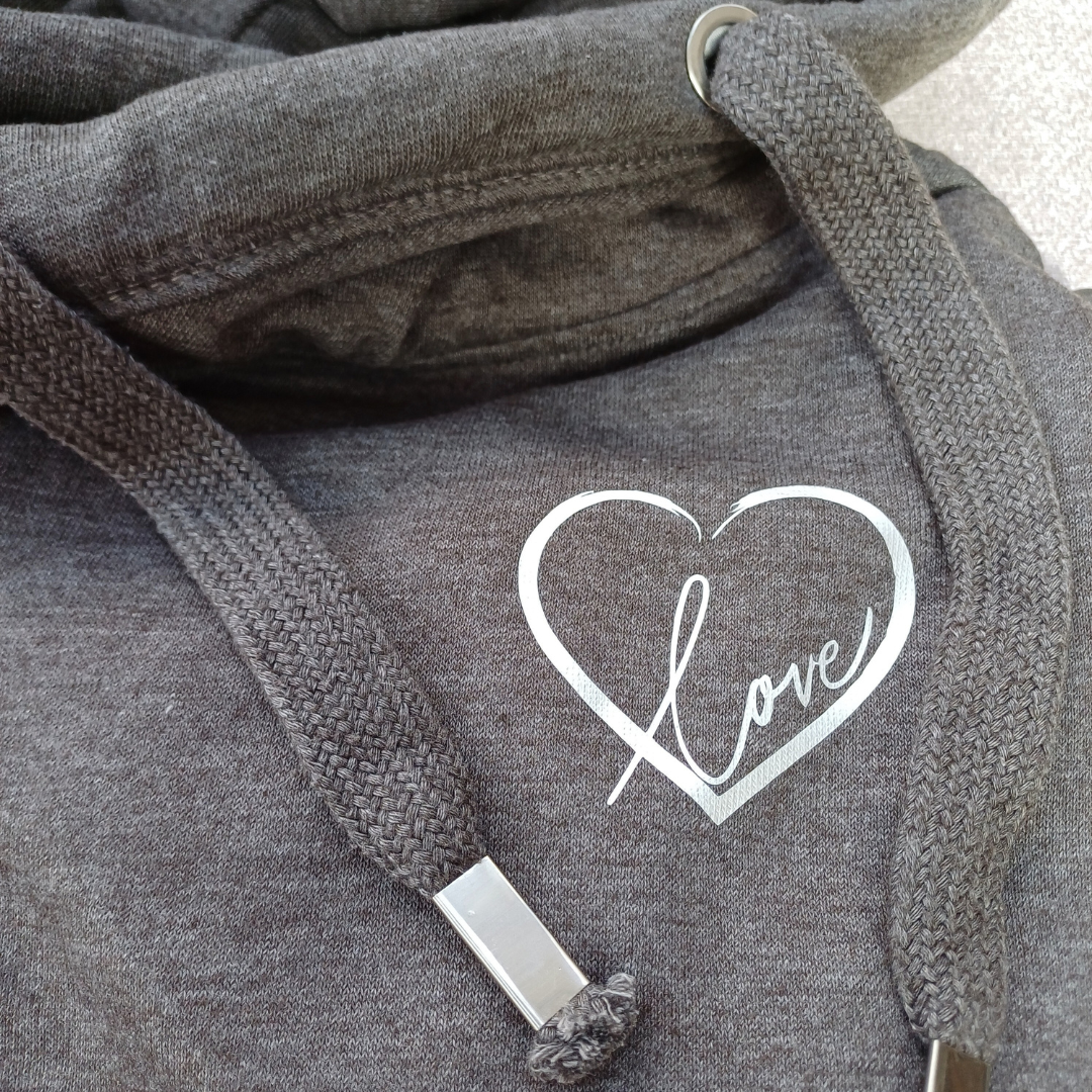 Ladies Cowl Neck Hoodie - Metallic Love Heart