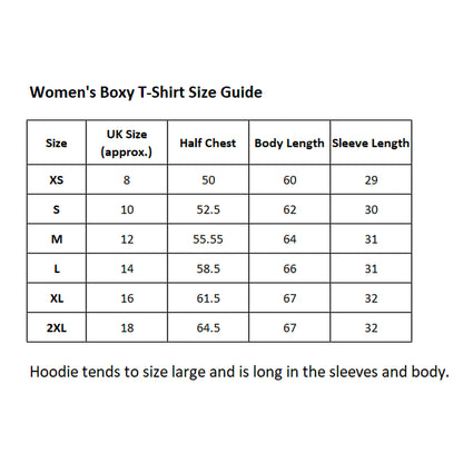 Thsirt Size chart guide for women's boxy slogan Tee 