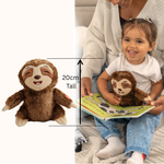 20m tall musical sloth plush stuffed aimal toy. Pictured with toddler hugging soft toy smiling and reading a childrens book with a parent. Brown sloth plush with smiling face push button soothing lullaby plays when pressed.