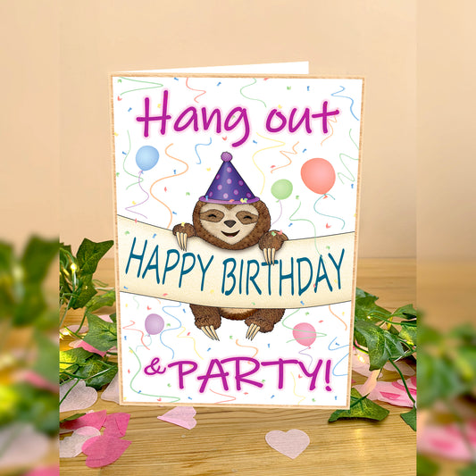 Party sloth happy birthday card. Say Happy Birthday with a sloth. Cute sloth Greeting Card. White celebration card with Happy Birthday banner and sloth smiling wearing a purple spotty party hat hanging on the Birthday banner. Bright pink wording to card r