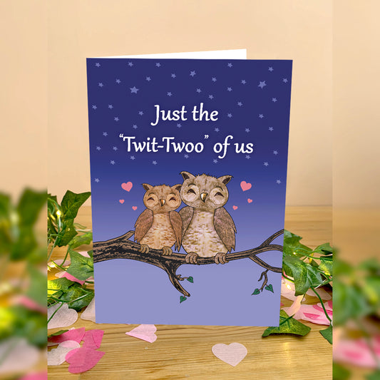 Blue night sky with stars and two owls cuddling together on a tree branch. Pink love hearts x2 floating either side of their heads. White text above reads Just the Twi-Twoo of us. Cute greeting card for anniversary or valentines