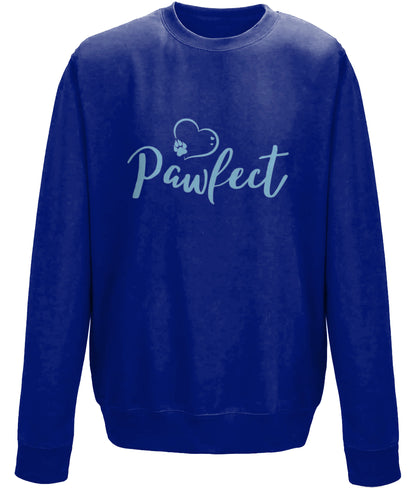 Royal bright blue colour relaxed fit long sleeve sweatshirt . Slogan sweater design wording Pawfect in light sky blue font and light blue heart outline above with dog paw print within outline.