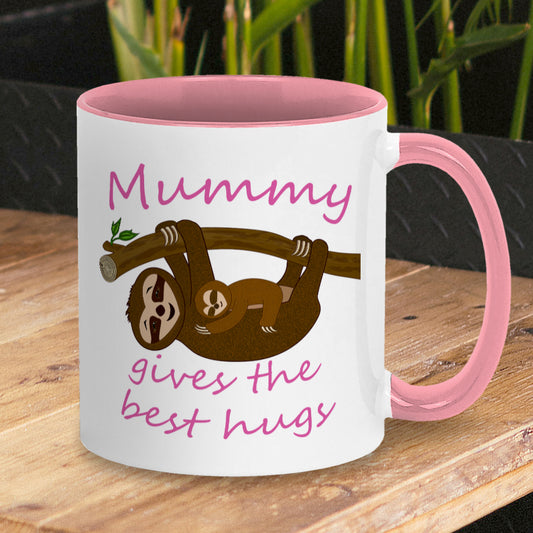 Personalised Tea / Coffee cup gift. Cute cuddly three toed sloths on a branch. Mum and baby. Two tone white with pink ceramic coffee mug. Customisable name reads Mummy gives the best hugs in pink font.