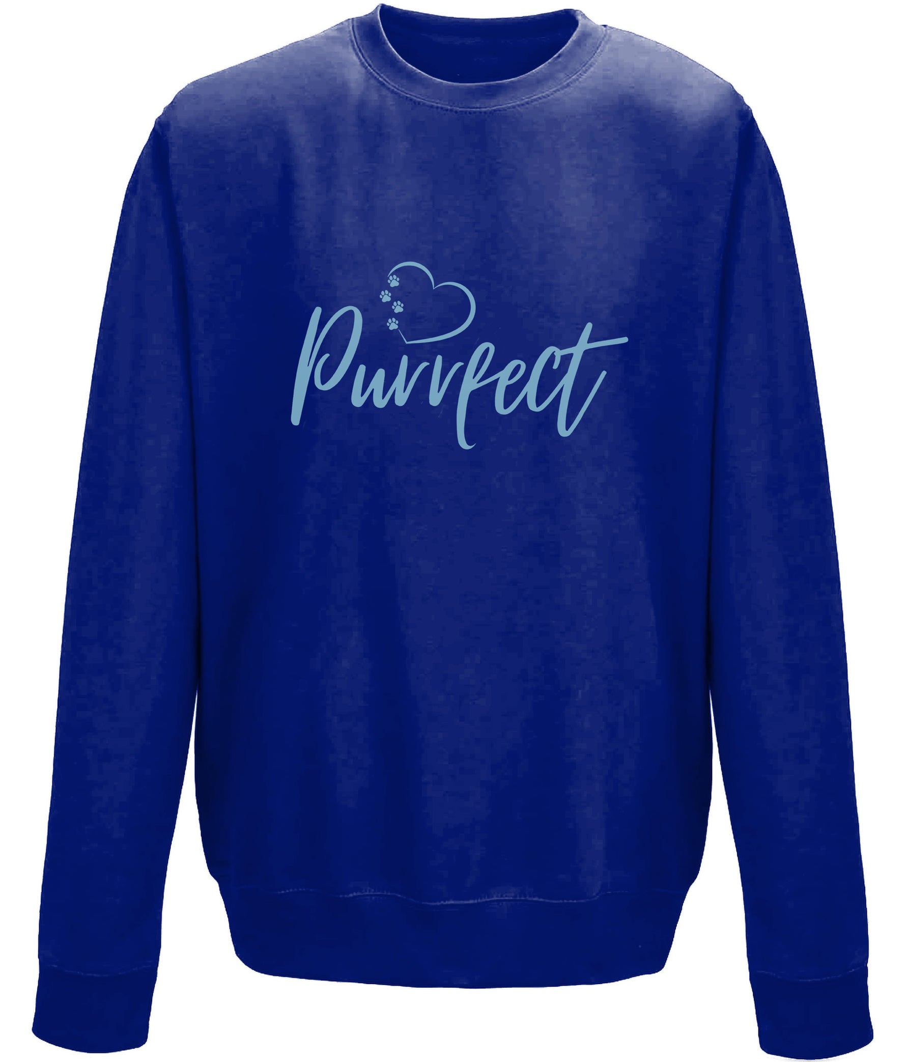 Cat mum top - Royal bright blue colour relaxed fit long sleeve sweatshirt. Slogan sweater design wording Purrfect in light blue font and light blue heart outline above with cat 4 sequenced little cat paw prints within outline.