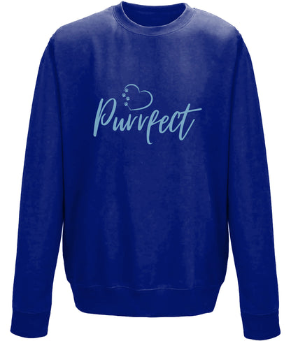 Cat mum top - Royal bright blue colour relaxed fit long sleeve sweatshirt. Slogan sweater design wording Purrfect in light blue font and light blue heart outline above with cat 4 sequenced little cat paw prints within outline.