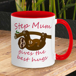 Personalised Tea / Coffee cup gift. Cute cuddly three toed sloths on a branch. Mum and baby. Two tone white with red ceramic coffee mug. Customisable name reads Step Mum gives the best hugs in red font.